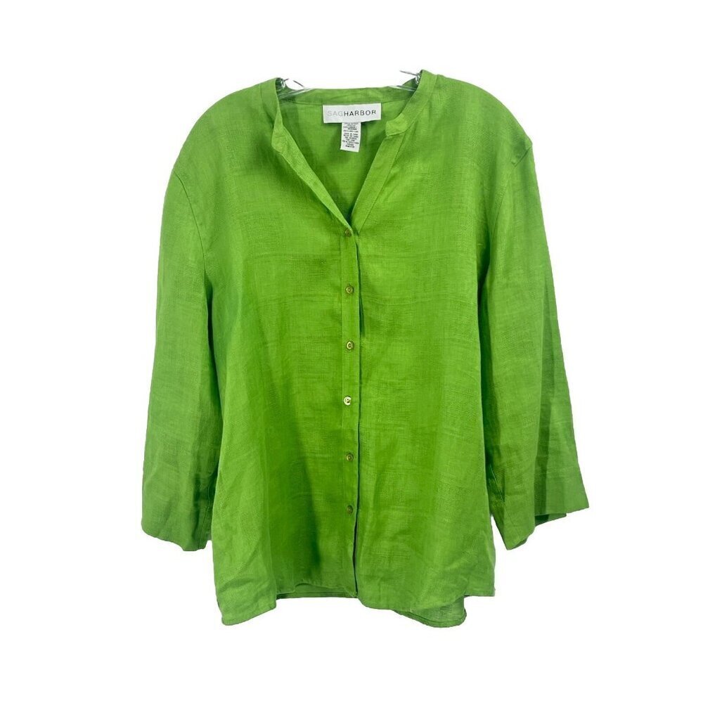 Sag Harbor Green Linen Button Up Shirt 3/4 Sleeve Sz Large Lagonlook Classic